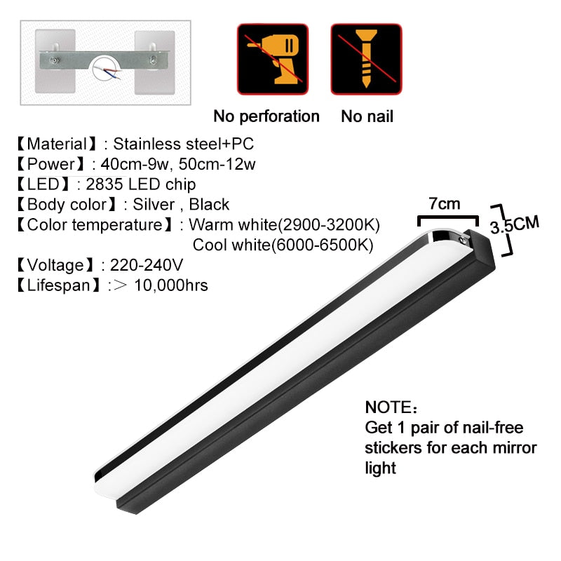 Luz LED moderna de acero inoxidable para espejo